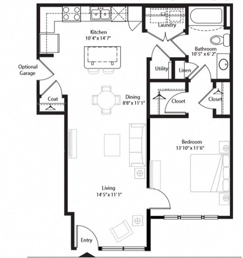 Floor plan for 1 bed, 1 bath, 797 sqft